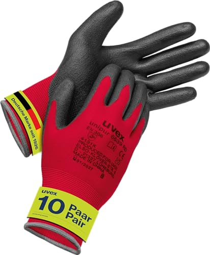 Uvex unipur 6639, 10 Paar - Montagehandschuh für trockene & leicht feuchte Bereiche - leicht, feinfühlig & schmutzunempfindlich - rot, schwarz - Größe 11/XXL