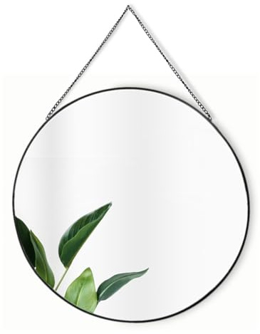 GreyZouq 50cm Large Round Mirror with Hanging Chain, Decorative Bathroom Mirror, Metal Framed Wall Mounted Mirror for Bedroom or Living Room, Black