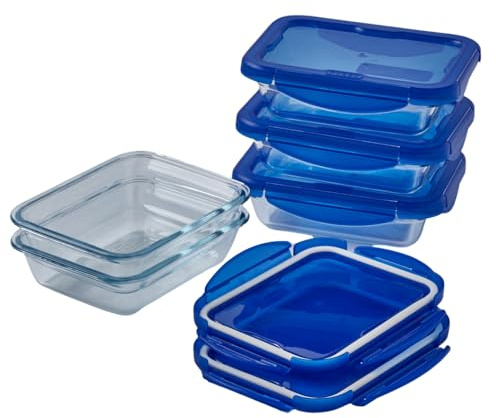 Pyrex Cook & Go Lunchbox-Set, rechteckig, 0,8 l, Borosilikatglas, Backofen, Mikrowelle und Spülmaschine, 5 Stück