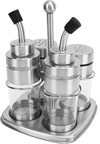 BEIJIALY 4pcs Oil Vinegar Salt Pepper Dispenser Set with Caddy, Glass Salt and Pepper Shakers Seasoning Containers 304 Stainless Steel Condiment Pot Spice Jar Set for Kitchen
