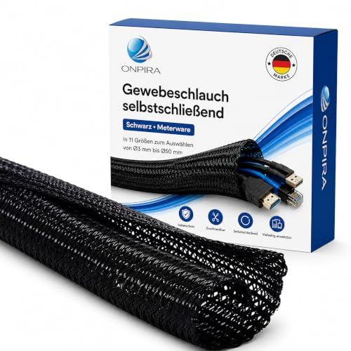 Gewebeschlauch selbstschließend Schwarz Meterware in 11 Größen zum auswählen von Ø3mm bis Ø50mm, Kabelschutz zuschneidbar Für TV Computer Heimkino Automobilkabel zu Hause und im Büro(Ø 38mm, Schwarz)