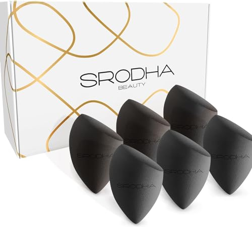 SRODHA Juego de esponjas de maquillaje de belleza, paquete de 6 piezas, juego de esponjas de maquillaje líquido, para mezclar la base de la cara, corrector, crema, productos en polvo (negro cónico)