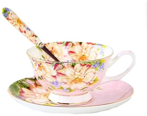 Jiotouhu Juego de taza de té, cuchara y platillo de porcelana y bordes dorados. Caja de regalo vintage. rosa
