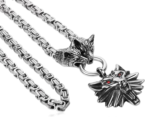 Flongo Wolf Kette Herren mit Wolfskopf Wolf paw Anhänger Wikinger Halskette Medallion Silber schwarz Gold Königskette Amulett Edelstahl Herrenschmuck Punk für Männer Damen Frauen