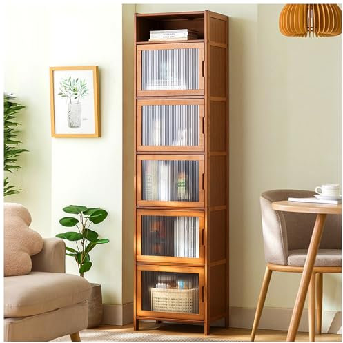 ETKIN Bücherregal, 5-Tier Bücherregal mit Türen Lagerung, Stehendes Regal, Hohes Schmales Bücherregal, Würfelregale für Wohnzimmer/Küche/Schlafzimmer/Esszimmer,43×170cm/17×67in