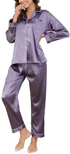 Reliwel Women's Pyjama Sets Silk Satin Long Sleeve Button Down Ladies Pyjamas two Piece Silk Pjs for Women Sets Sleepwear Loungewear Nightwear for Spring Summer