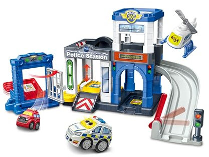 Toot-Toot Drivers Police Station, Car Playset includes Police Car Toy, Helicopter & Getaway car, Vehicle Tracks for Kids with Lights & Sounds, for Toddlers, 12 months, 2, 3, 4+ Years, English Version