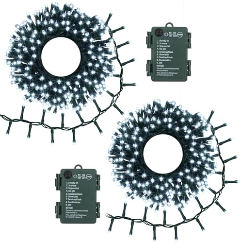Paquete de 2 luces de racimo que funcionan con pilas, 10 pies, 200 luces LED de racimo de petardos, 8 modos, temporizador, impermeable, para dormitorio, boda, fiesta, decoración interior y exterior