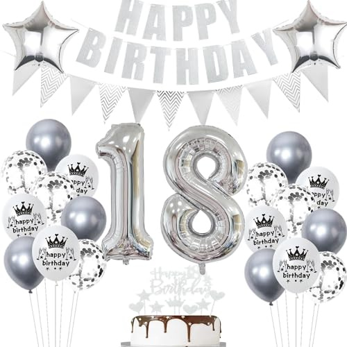 Geburtstagsdeko 18 Silber - Luftballons, Ballons und Tortendeko für Mädchen und Jungen - Party Dekoration Set