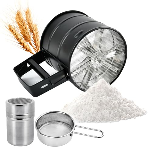Lainballow Mehlsieb-Set aus Edelstahl, 3-teiliges Mehlsieb-Set mit Puderzuckerstreuer, 3 Tassen, Handpresse, Mehlsieb zum Backen von Kuchen, Cupcakes, Gebäck, Keksen, Kuchen und Desserts