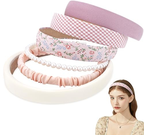 Stirnbänder Damen Haarreifen Blumen Reine Farben Perlen Satiniert Stil Haarbänder Mode Haarschmuck für Frauen Mädchen 6 Stück Rosa