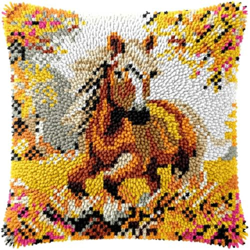 kitphoenix Knüpfen Kissen Set Pferd Knüpfkissen Set für Anfänger Erwachsene oder Kinder zum Selber Knüpfen, DIY Knüpfteppich Knüpfpackung, Knüpfhaken Set 43 x 43 cm