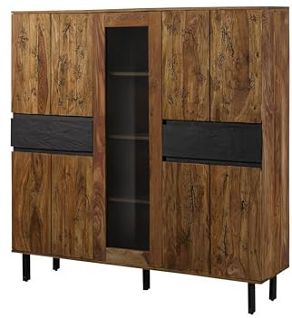 MASSIVMOEBEL24.DE | Highboard Lichtenberg #101 | Sheesham Massivholz Natur unbehandelt | 158x40x160 cm | Schrank, Kommode mit Blitzmuster | 2 Holztüren, 1 Glastür | Schiefer & Metallfüße