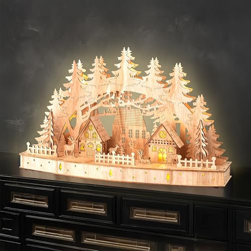 Arco luminoso a LED in legno con timer – 44 x 26 cm – scena natalizia bianca calda illuminata a batteria – illuminazione natalizia per avvento inverno decorazione da tavolo per finestra