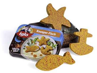 Erzi 18455 Knusperfisch von Iglo aus Holz in der Dose, Kaufladenartikel für Kinder, Rollenspiele.