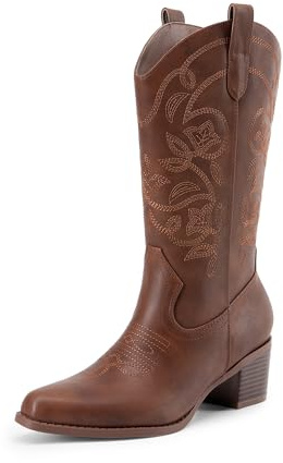 DREAM PAIRS Women's Cowboy Boots,Brown-Pu,6.5
