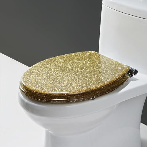 F,Glitzer WC-Sitz, Transparenter Toilettensitz mit Absenkautomatik, WC-Deckel mit Scharniere aus Edelstahl, Runder Toilettendeckel aus Harz, Schnellverschluss, Einfach zu Reinigen, 42x36cm