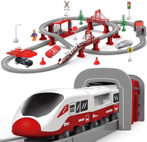 XIAPIA Electric Train Set, 104-Piece Motorized Railway Track Toy for Kids