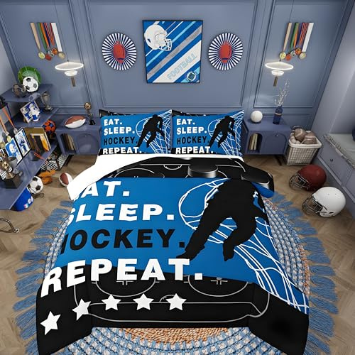 Homemissing Set di biancheria da letto per hockey su ghiaccio, 135 x 200 cm, per bambini, palla da gioco, per ragazzi, ragazze, giocatori di hockey, set copripiumino in microfibra, sport a tema