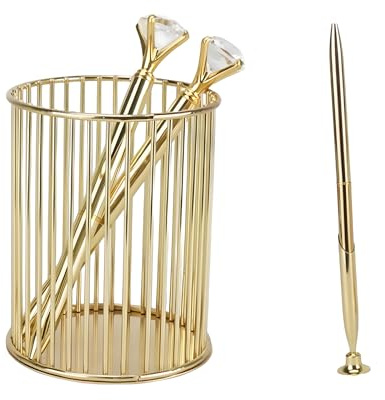 Watunid metallpennhållare med 2 st diamantpennor och guldsignering blyertspennor stativset, make-up penselhållare, genombrutna runda konstbordstillbehör, Mesh Pen Pot pennhållare för skola, kontor
