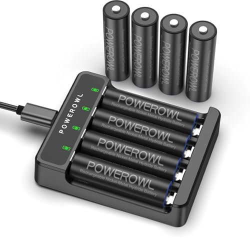 POWEROWL Caricabatteria, Caricabatterie Pile Ricaricabili, Carica Batterie AA 2800 mAh, 4 pezzi, Caricatore AA USB, Ricarica Rapida per Batterie Ricaricabili NI-MH NI-CD AAA AA, Slot Indipendente