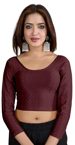 TRENDMALLS Dam Dobby ren bomull elastan töjbar färdig rund hals full längd ärm blus choli snygg sari blus redo att bära, vin, S