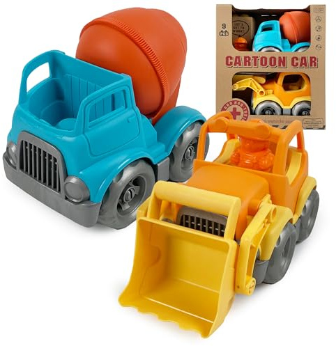 CELMAN Baustellen Spielzeug Set – Betonmischer & Bagger mit Figur & Bauklötzen – Bio Sandspielzeug BPA-frei, spülmaschinenfest – für Garten, Sandkasten & Outdoor