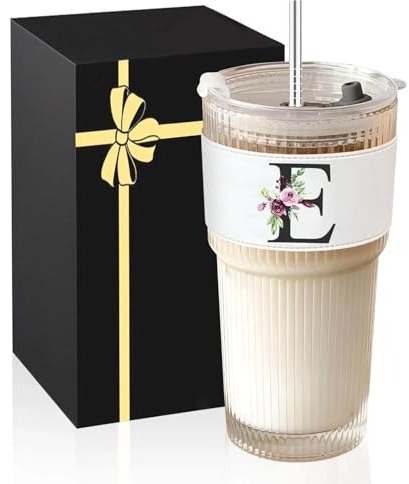 A-Z Initial Iced Coffee Glass Cups - Personalised Birthday Gifts for Women, Ice Coffee Glass Cup with Lids and Straws - Ideal Glasses Tumbler Gift for Friend, Sister, Mum,Wife, Colleagues, Initial E