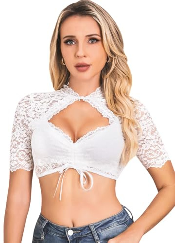 BALAYSIER Dirndl blus damer elegant kortärmad Dirndlblus vit med V-ringning och knappar Dirndlblus spets för Oktoberfest