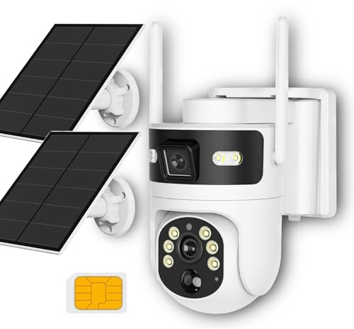 HLMNAKE 4G LTE-övervakning sol utomhuskamera med SIM, dubbel 4MP 360°+110° kamera, nattsyn, AOV-personspårning och meddelandeapp, tvåvägsljud