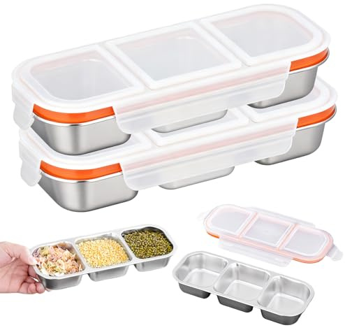 TOATELU Snackbox Edelstahl 2 Stück mit 3 Fächern 600ml – Auslaufsichere Bento Box Metall mit Deckel, Brotdose Edelstahl für Schule Arbeit, Lunchbox Unterwegs Lebensmittelaufbewahrung