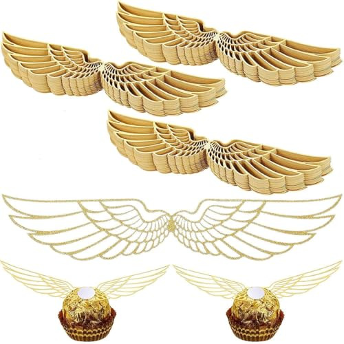 AEKZOX 50 Stück Cupcake Topper Flügel Kuchen Dekoration für Bonbons, Kuchen, Cupcakes, Party, Mottoparty (Gold Glitter)