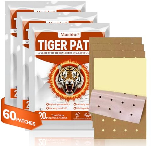 60PCS Chinese Tiger Patches,Tiger Back Patch, Ultra Strength Capsicum Heat Patches for Muscle Joint Shoulder Neck Knee Back (3 Packs 20 Each)