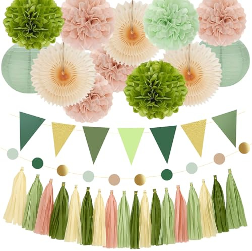 Seidenpompons Boho Deko Set Salbeigrün & Hellrosa – 43-teilig:Wimpelkette Pompons aus Seidenpapier, Papierfächer, Papierlaternen, Punkte- & Tassel-Girlanden; für Geburtstag, Hochzeit & Babyparty