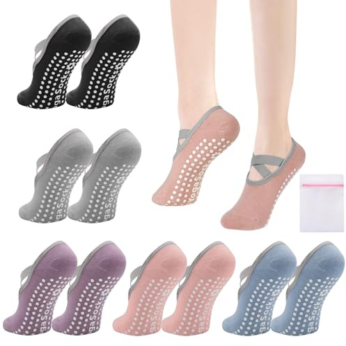 VEGCOO 5 Pares Calcetines Yoga Pilates Para Mujer, Cómodos Calcetines Tobillero Antideslizantes, Calcetín para Yoga, Fitness, Ballet, Pilates, EU 35-38