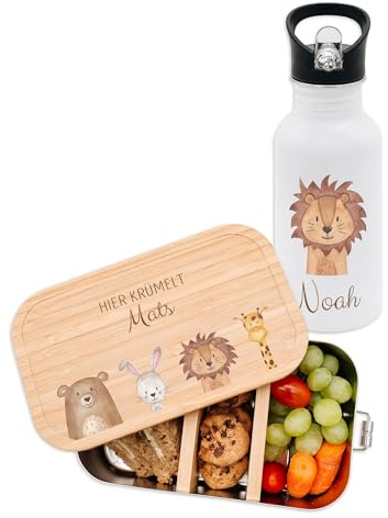 wunderwunsch Set Trinkflasche + Brotdose, Lunchbox Bento Box personalisiert für Schule, Kita, Kindergarten in 3 Varianten und 12 Designs mit deinem Namen (Tiere unten)