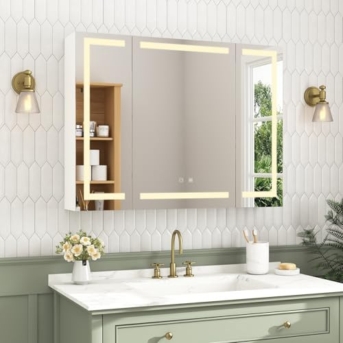 AVAWING Anti-Beschlag Bad Spiegelschrank LED 60x80x15cm,Drittetür, Dimmbar,3 Farbtemperaturen, USB-Steckdose, Spiegelschrank Bad mit Beleuchtung mit höhenverstellbaren Regale