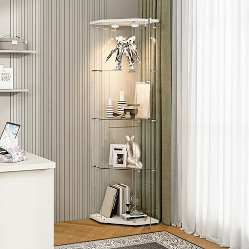 LKPOMI Vitrina de cristal de 162 cm con iluminación LED, vitrina de esquina de cristal, vitrina de 4 capas, vitrina coleccionable para salón, dormitorio (blanco 2, 60 x 44,5 x 162 cm)