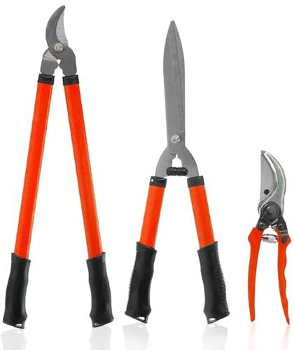 DNQ 3-Piece Garden Lopper and Pruner Set – Heavy Duty Gardening Tools with Hardened Sharp Steel Blades, Ergonomic Comfort Grip Handles, Powerful Branch Cutter for Easy Pruning
