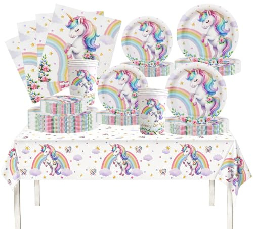 81 Pièces Vaisselle Licorne Anniversaire，Décoration Licorne Anniversaire，Nappe，Assiette，Serviette (7)