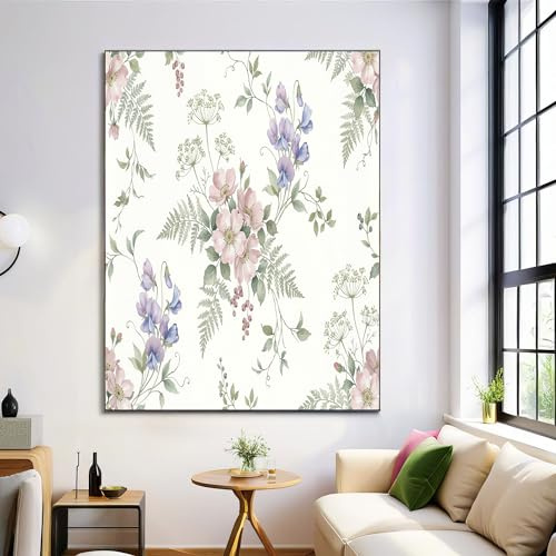 CDXNORA Aquarell Ländlicher Stil Bild auf Leinwand Wandbilder, Wildblumen Farne 1 Teilig Leinwandbilder Rosa Wandkunst Poster Wanddeko, für Wohnzimmer Flur Badezimmer Toilette Deko 40x60 cm