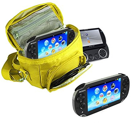 Orzly® - SPIELE & KONSOLEN (REISE-) TASCHE für die Sony PSP Konsolen (GO / VITA /1000/2000/3000) mit speziellen Fächern für die Aufbewahrung von Spielen und Zubehör. Tasche enthält Schultergurt, Tragegriff und eine Gürtelschlaufe - GELB
