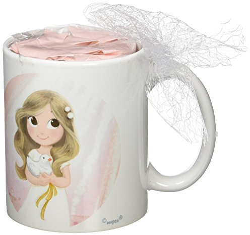 Mopec Taza Primera Comunión de Porcelana para niña Adornada con Caramelos de Frutas, Pack de 1 Unidad, Blanco, 8.20x8.20x9.50 cm