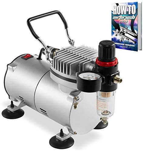 PointZero 1/5 HP Airbrush Compressor with Regulator, Gauge and Water Trap - Quiet Portable Air Pump Silver