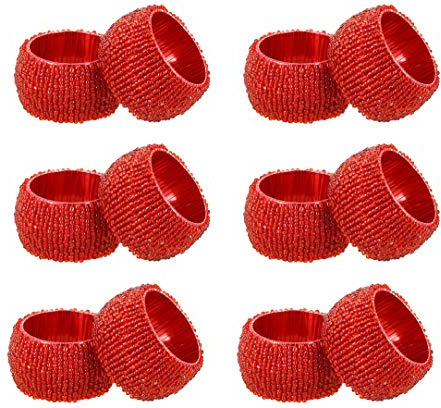 COTTON CRAFT Glitz handgefertigte Serviettenringe für Esstisch, mit Perlen, Set mit 12 Stück, für Halloween, Ernte, Herbst, Erntedankfest, Feiertag, Weihnachten, Feier, Geschenk, Dekoration – Rot