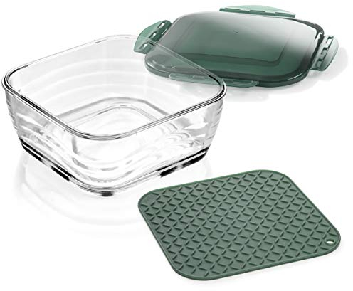 Genius A27054 Nicer Dicer Chef Glasschüssel groß mit Deckel & Silikonmatte Kombi-Set-ofenfeste Glasbehälter Auflaufform Ofenform backofenfest und gefriergeeignet, Glas, 2800 milliliters, Mintgrün