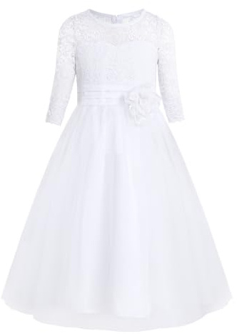 ranrann Longue Robe Cérémonie Princesse Fille Enfant Dentelle Broderie Robe Bal Soirée Robe Fête Anniversaire Elégante Robe Premiere Communion 4-14 Ans Blanc 10 Ans