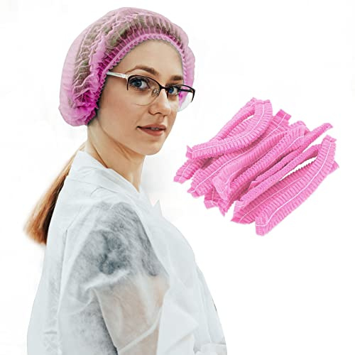 100 Pack 21 Disposable Nonwoven Bouffant Caps Hair Net for Hospital Salon Spa Catering and Dust-free Workspace (pink)
