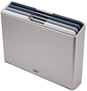 Joseph Joseph Folio Editions 4 piece colour coded Chopping Board Set, slimline case for organised storage, Large - Blue/Grey