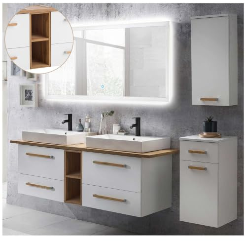 Lomadox Badmöbel Komplett Set, weiß mit Eiche hell,165cm Doppel Keramik-Waschtisch, 140cm LED-Spiegel, Unterschrank und Hängeschrank